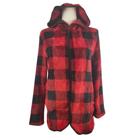 Knapp Studio Medium (est). Hooded Open Front Jacket Red Black Plaid Soft Cozy - Picture 2 of 8